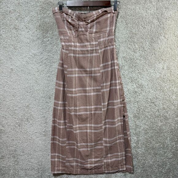 Free People Life Like This Midi Dress Womens XS Natural Plaid Strapless Tie Back - Picture 5 of 16